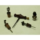 Wine antiques - a George III corkscrew with bristle brush and steel screw; three silver plated and