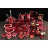 A Victorian cranberry glass vase, baskets, other vases, candle sticks, bowls, qty, assorted dates