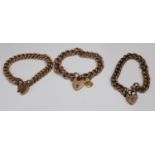 A 9ct rose gold curb link bracelet; two others similar, love heart clasps, 59.9g gross (3)
