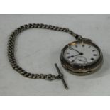 An Edwardian silver open face pocket watch, Chester 1910; a silver Albery chain, hallmarked; 154g