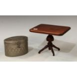 A miniature apprentice type mahogany tilt top table, turned support, tripod base, 15cm high; an oval