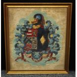 An 18th century coat of arms, painted in polychrome, on linen, 47cm x 40cm, framed. The arms are