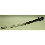 An Indian tulwar, 72.5cm curved fullered blade, still hilt with knuckle guard and spiked disc