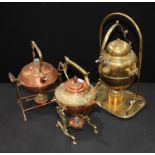 Metalware - a German Secessionist brass and copper tea kettle on stand; a Victorian brass kettle