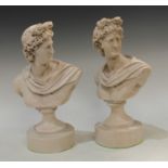 Two decorative resin cast busts, on round plinth bases (2)