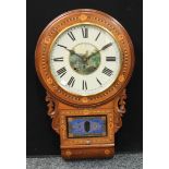 An American marquetry inlaid drop dial wall clock, the dial painted with a castle and cottages,