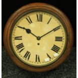 An oak circular school wall clock, Roman numerals, 39cm diameter