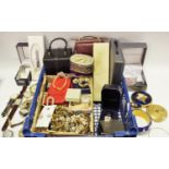 Costume jewellery including brooches, necklaces, faux pearls; silver earrings;a Stratton compact