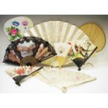 Fans - a 19th century silk fan, embroidered with flowers, bone slats; others, paper, lace, etc (8)