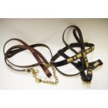 A handmade leather and brass double handed dog lead and harness; another; a Technar stereo magnifier