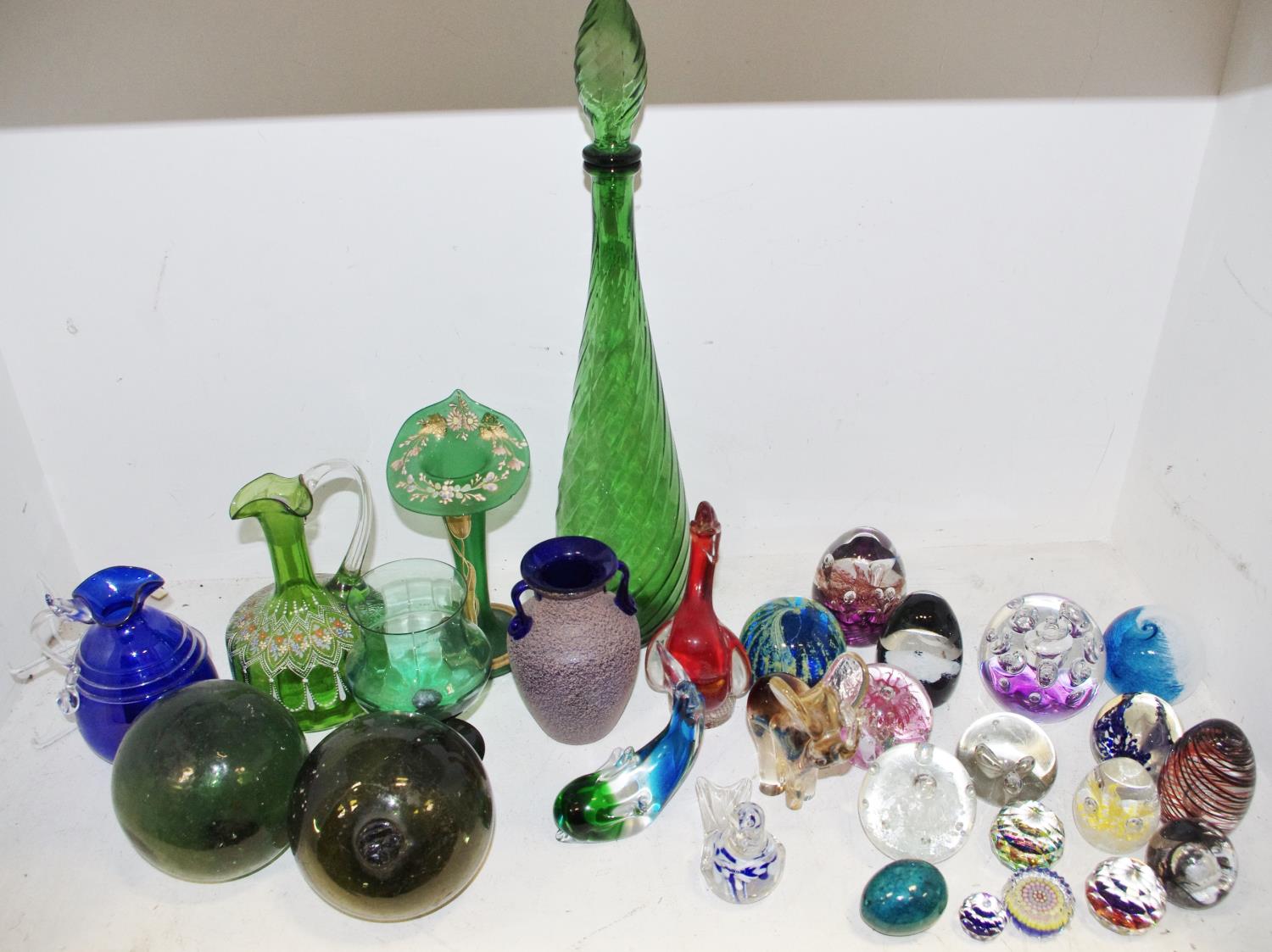 Glassware - various paperweights;19th century Bohemian ewer; Victorian bud vase; blown glass '