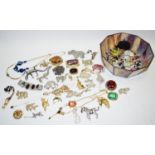 Costume jewellery - various brooches including enamel, stone set and marcasite examples; necklaces