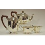 A silver four piece tea and coffee service, comprising teapot, coffee pot, sucrier and milk, rd