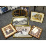 A gilt framed oval looking glass; pictures & prints including Collie Dog, after Pollyanna
