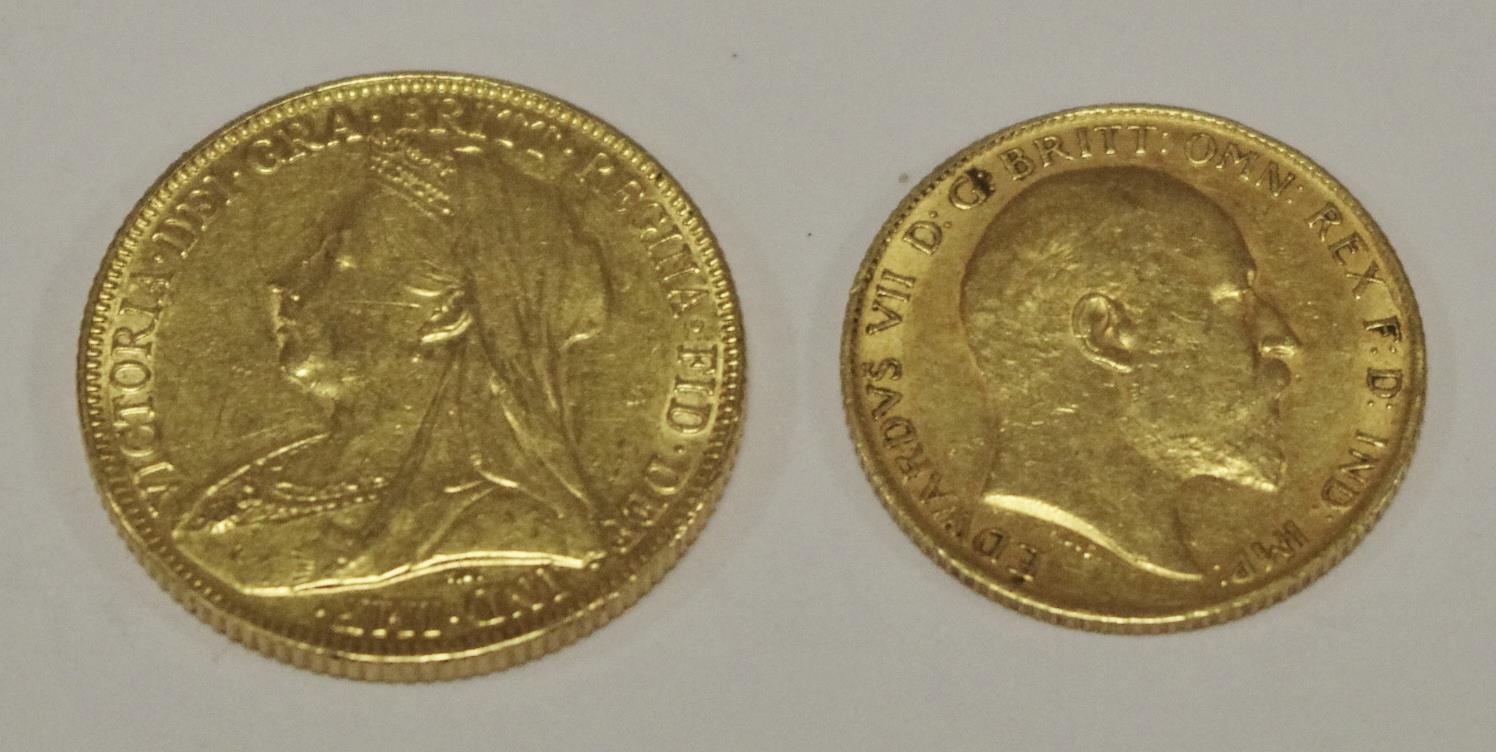 A Victorian Sovereign, 1898, Melbourne Mint; a half sovereign 1910 (2)