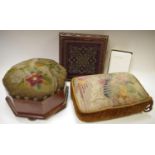 Ecclesiastical interest - A Victorian oak and beadwork stool; octagonal kneeling stool; bible and