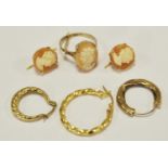 A 9ct gold cameo ring, size L, 2.4g gross; a pair of 9ct gold cameo earrings 2.1g gross; single