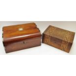 A Victorian inlaid walnut work box; Tunbridge ware work box; etc (3)