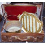 A vintage leather suitcase; an early 20th century brass jam pan; etc