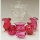 Cranberry glass miniature jugs, vases, trinkets; a Bleikristal bonbon dish and cover