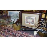 Boxes & Objects - Victorian brass jam pan, another; fire bellows; 1940/50's vinyl including Ella