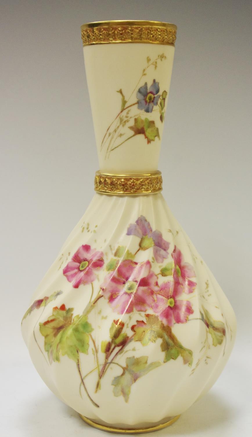 A Royal Worcester blush ivory vase, twisted bulbous body decorated with pink flowers, tapering