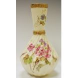 A Royal Worcester blush ivory vase, twisted bulbous body decorated with pink flowers, tapering
