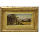In the manner of George Morland Harvest Time oil on board 19 x 39cm, heavy gilt ornate frame