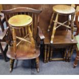 A Jacobean style nest of three tables; a stick back rocking chair and two kitchen stools. (4)