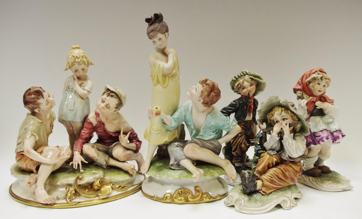 A Capodimonte 'The Dice Game' marked B.Merli; others 'Would you like an Apple?' marked, B.Merli, '