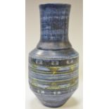 A Troika Pottery mallet vase, mottled blue bonded body, central ring banded collar, Marilyn