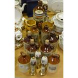 Salt glazed flagons; three Devon Mead flasks as miniature beer pump handles; two tankards.