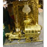 Brass - a Victorian brass oil lamp, duplex burner; a brass horse and cart; a brass egg timer;