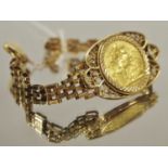 A George IV full sovereign, 1917 mounted in a 9ct gold gate bracelet. 19.4g gross
