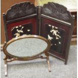 A 19th century mahogany oval dressing table mirror; an oriental chinoiserie table screen (2)