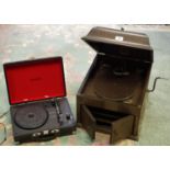 An HMV gramophone in oak case; a Denver portable record player (2)
