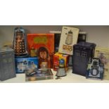 Dr Who interest - clockwork Dalek; 2014 calendar (sealed); Tardis and Dalek tins; Dr Who Game of