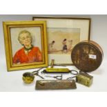 An aesthetic movement dressing tray; silver inlaid Indian casket; etc; oil portrait of a lady, etc