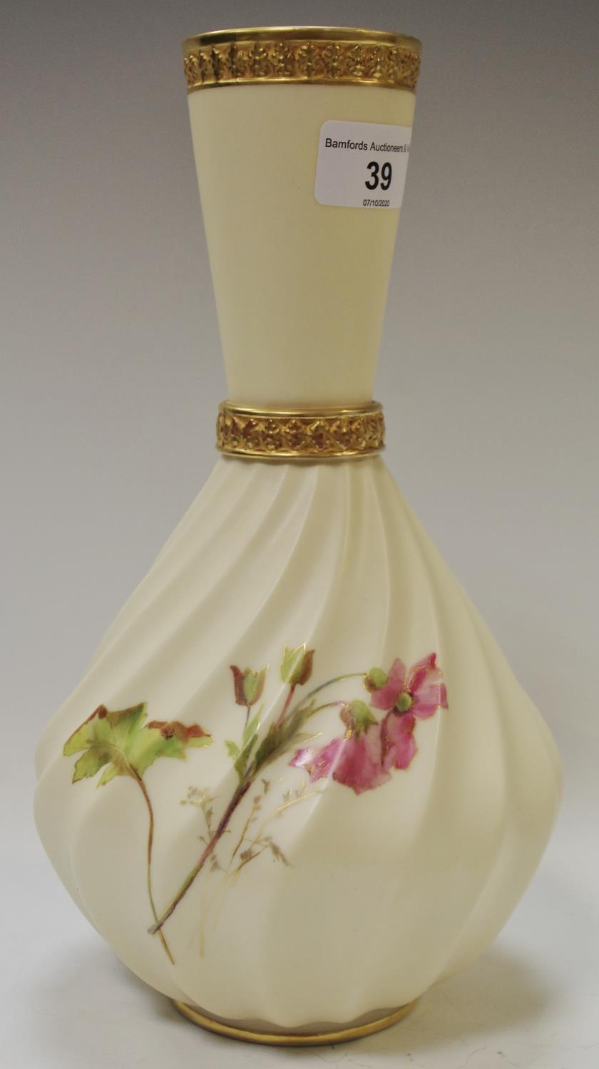 A Royal Worcester blush ivory vase, twisted bulbous body decorated with pink flowers, tapering - Image 2 of 2