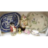 A19th century Staffordshire Willow pattern meat plate; another Berlin Flowers pattern; a 'Christmas'
