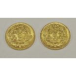 A pair of 1945 gold Dos Pesos