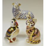 Royal Crown Derby paperweights including Puffin, Ram and Cat, all gold stoppers & 1st quality