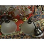 Lighting - a pair of frosted glass pendant lights and ridged shades, 30cm diameter; a pair of
