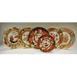 Five Royal Crown Derby 22cm plates including Peony, Golden Peony, Regency Flowers, Derby Pink