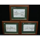 Pictures and Prints - a set of 3 sepia ink village scenes