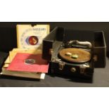 A portable gramophone, The Sonorophone, black case, handle, assorted 78s, comedy, classical, qty