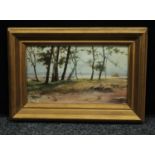 J Fairholme, Sheep Grazing, Hay Stack, Plowing the Field in the distance, signed, oil on canvas,