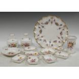 A Royal Crown Derby Royal Antoinette fluted dinner plate; a Posie pattern pair of vases, hexagonal