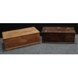 A six plank elm blanket chest, hinged top, 92cm wide, 32cm high; a oak blanket chest, 96cm wide,