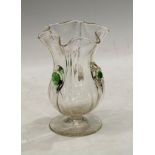 An Art Nouveau Stuart and Sons green and clear glass 'peacock feather' vase, of thistle form,